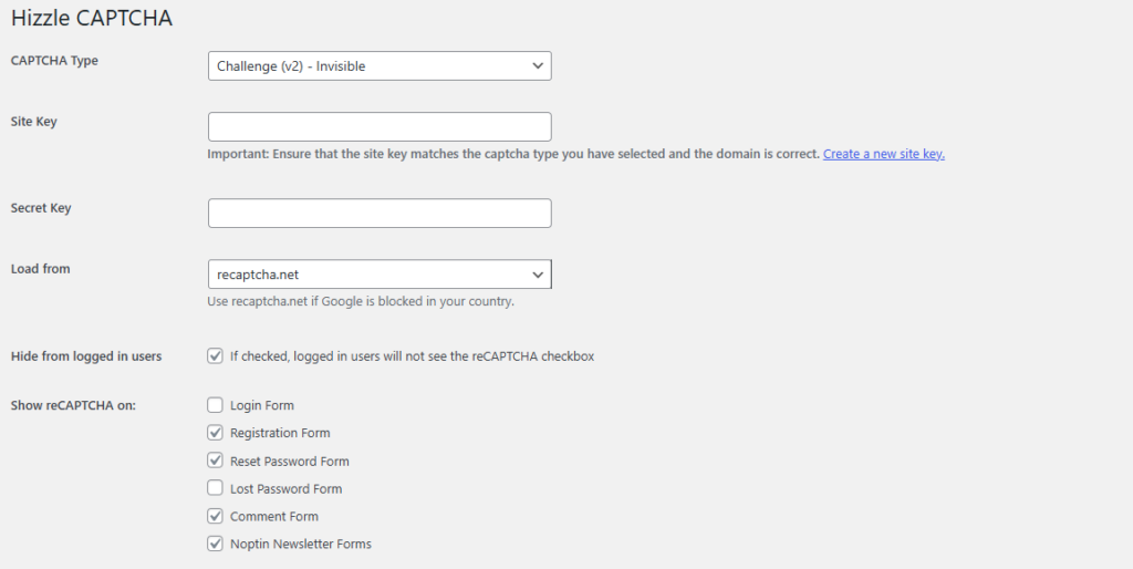 Hizzle captcha invisible v2 settings