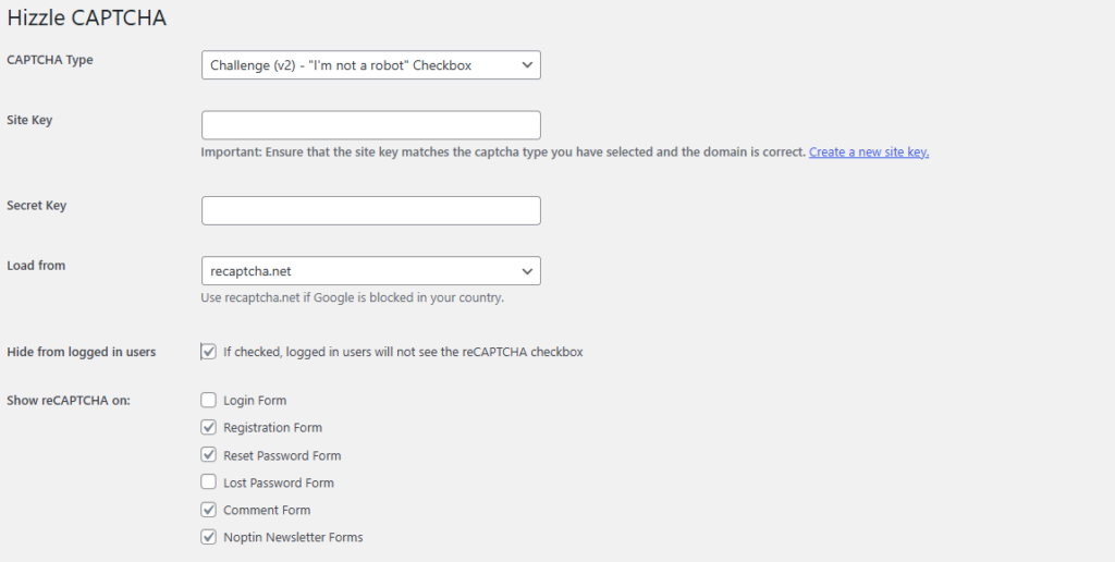 Hizzle captcha v2 checkbox settings